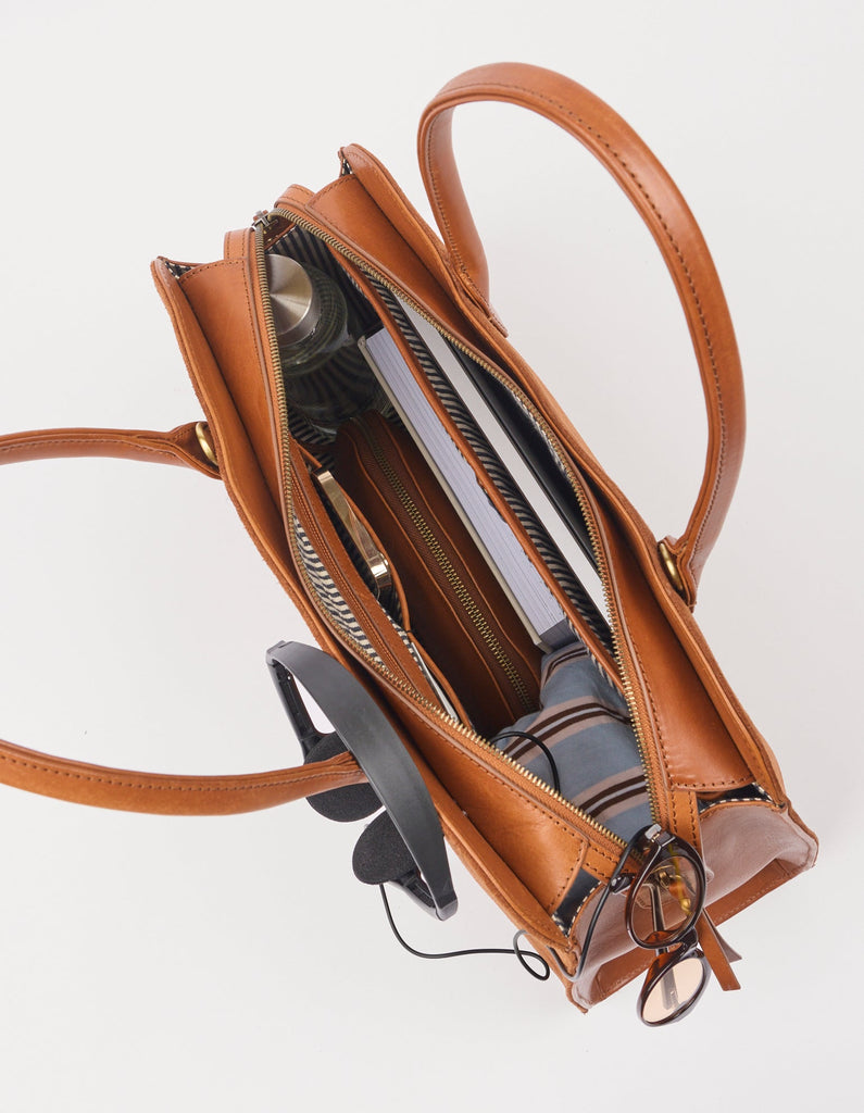Inside of the cognac suede laptop work bag
