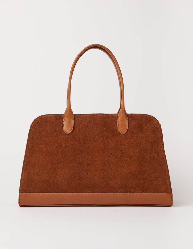 Cognac suede laptop work bag, back view