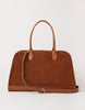 Cognac suede laptop work bag with crossbody strap, front view