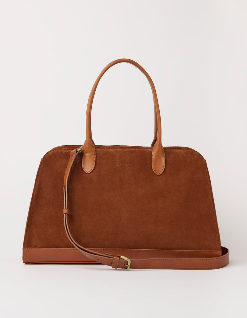 Cognac suede laptop work bag with crossbody strap, front view