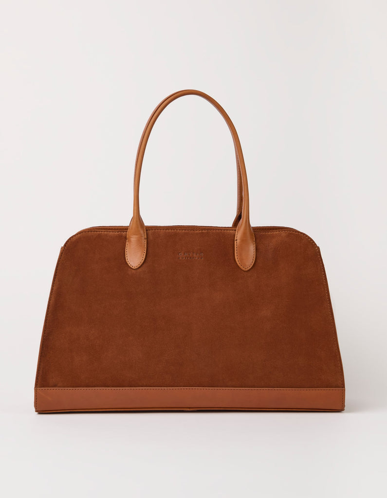 Cognac suede laptop work bag, front view