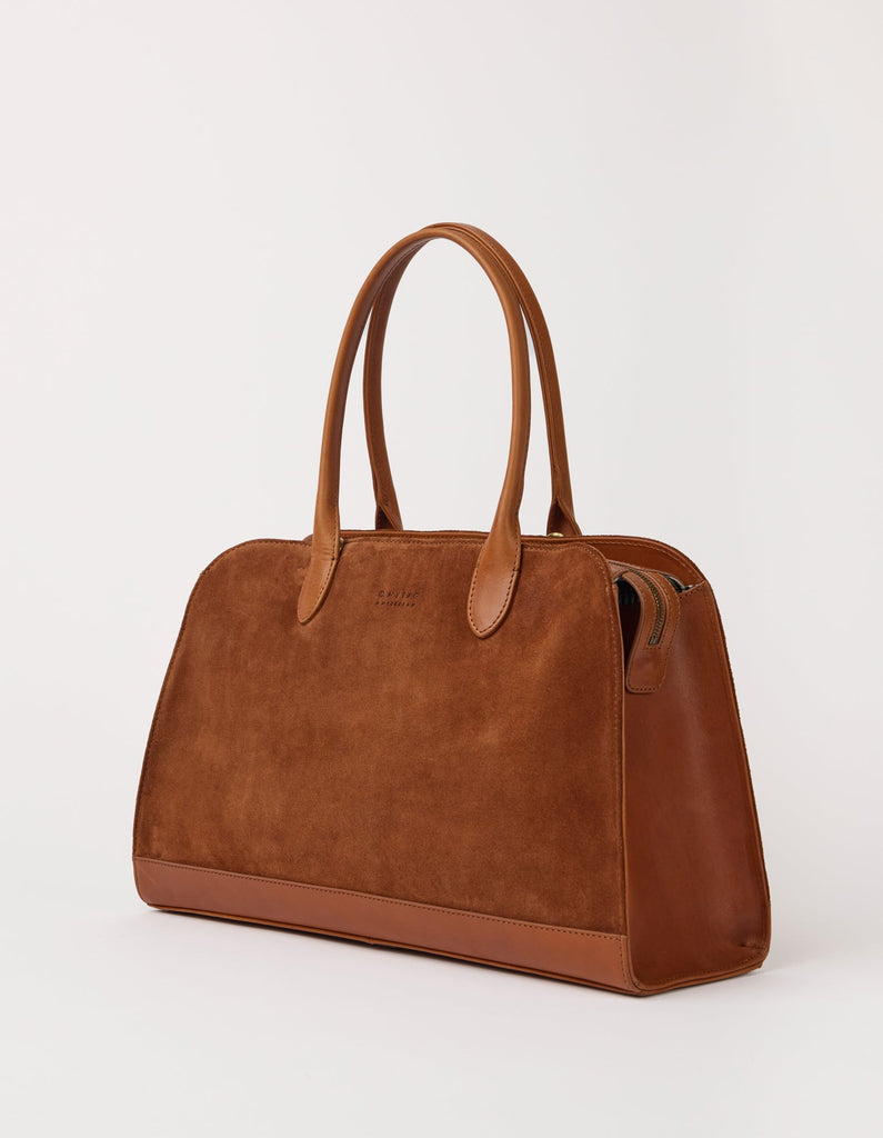 Cognac suede laptop work bag, side view