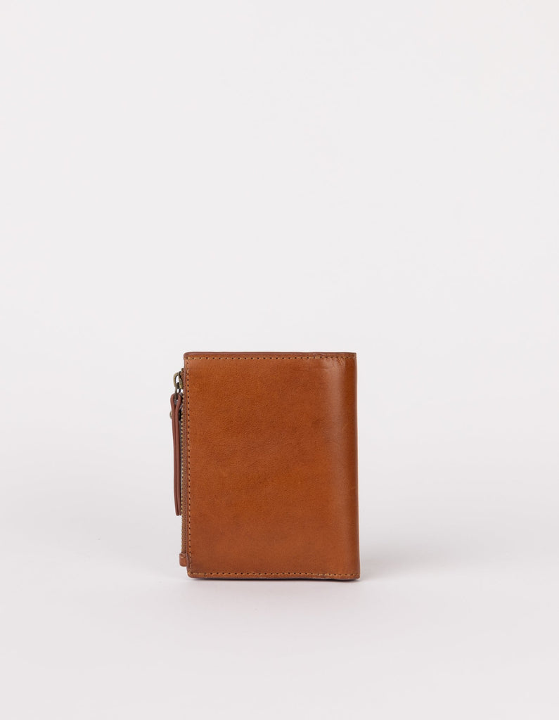 Compact billfold wallet in cognac smooth leather, back view