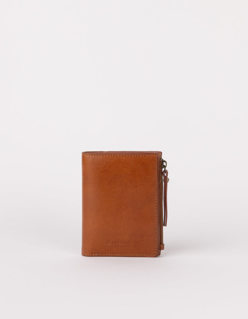 Compact billfold wallet in cognac smooth leather, front view