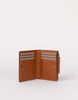 Inside of the cognac smooth leather billfold showing card slots and coin zip