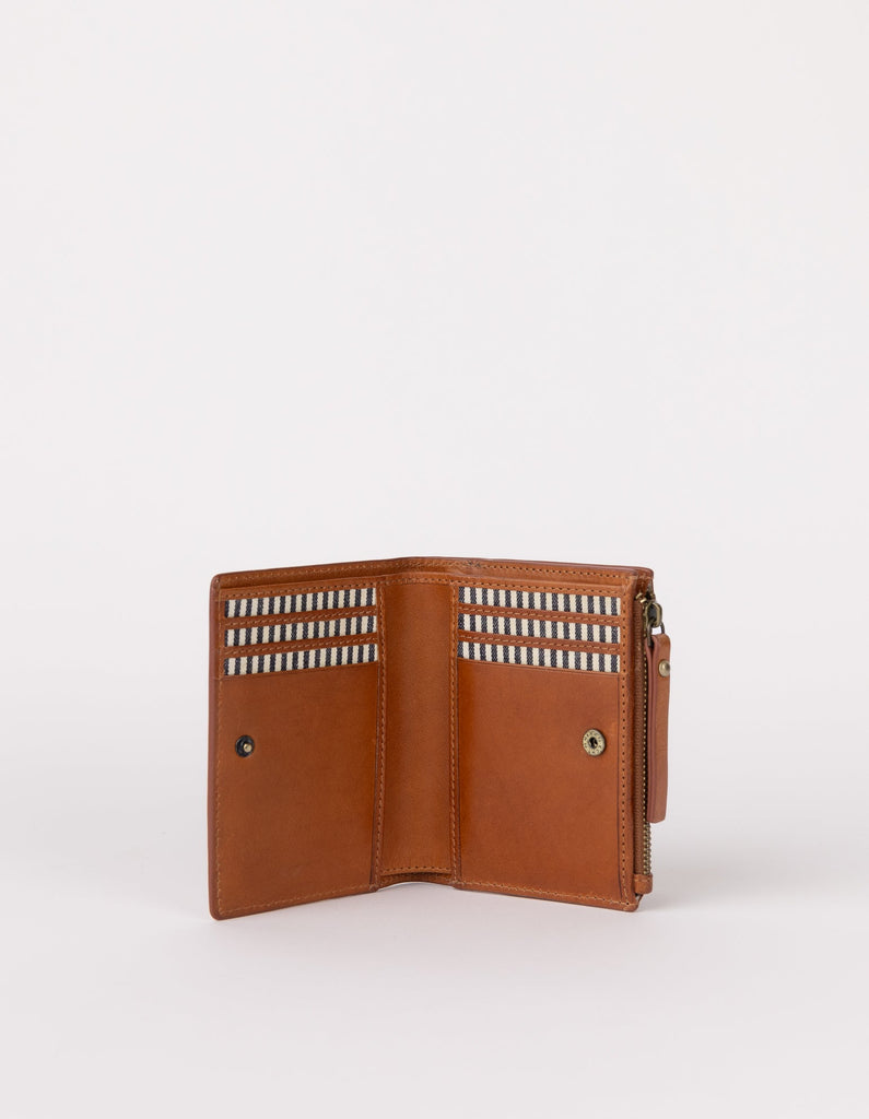 Inside of the cognac smooth leather billfold showing card slots and coin zip