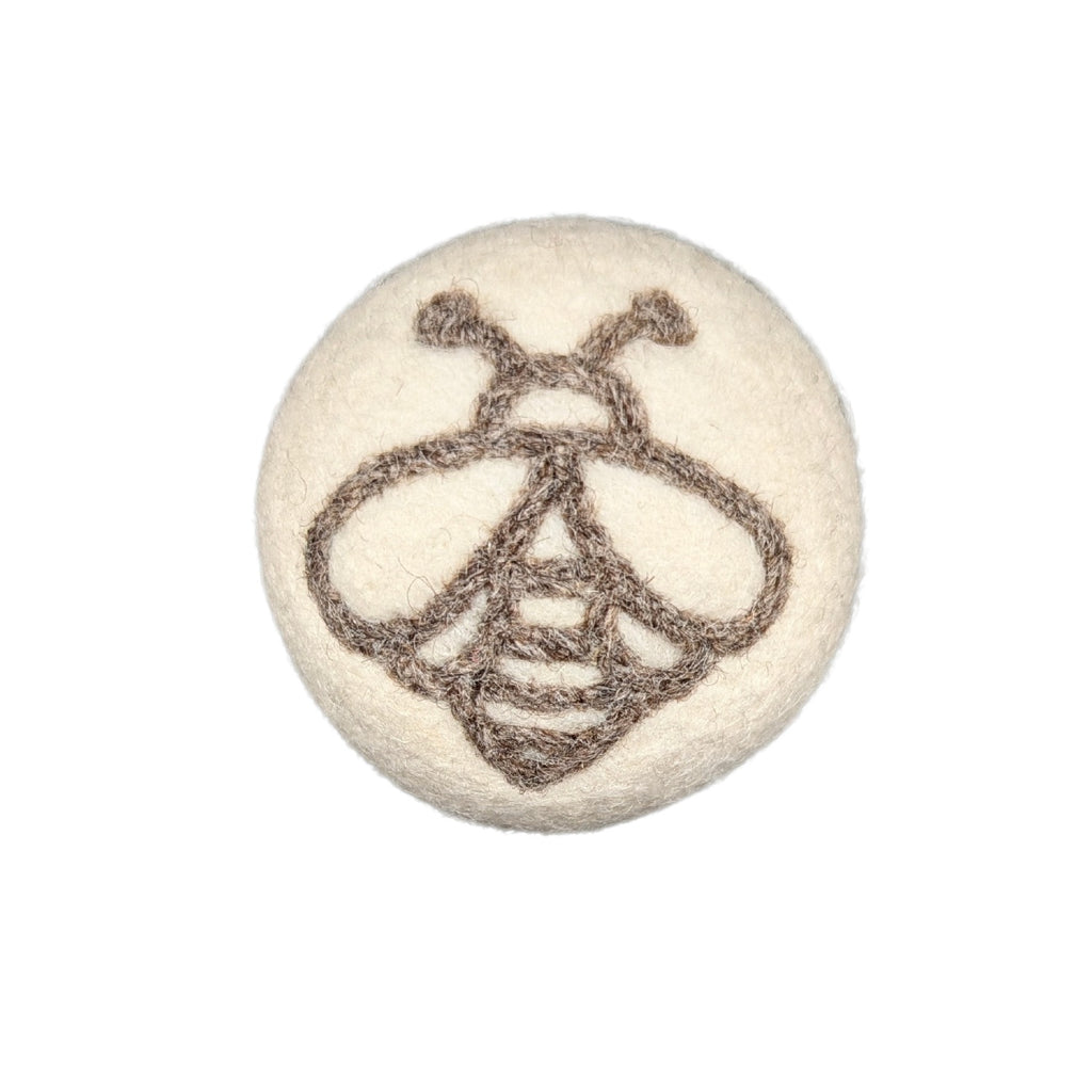 Handmade felted wool bee ball pet toy with a needle-felted bee design