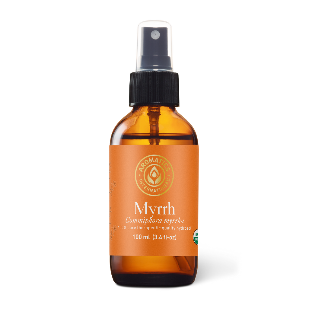 Organic Myrrh Hydrosol, 100ml spray bottle — pure steam-distilled Commiphora myrrha floral water for skin, with no preservatives or alcohol, toxin-free at TOXYFREE